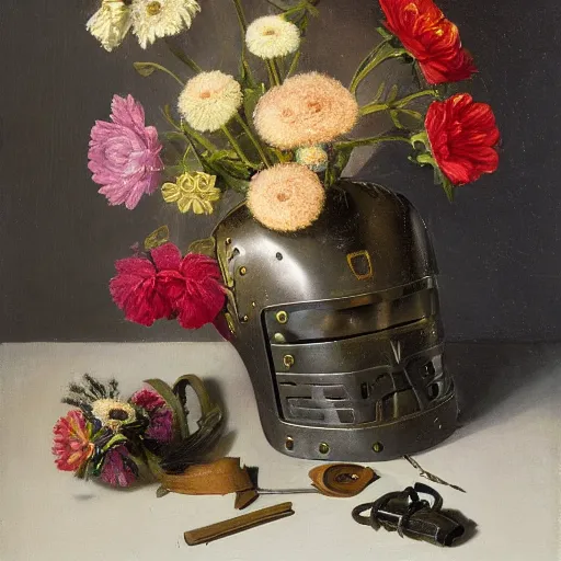 Image similar to A still life of Iron Man's helmet and a vase full of flowers, by Sientje Mesdag Van Houten