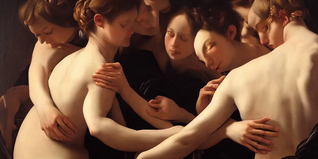 Prompt: beautiful oil matte portrait painting, multiple bodies intertwined, wonderful masterpiece highly detailed, beautiful cinematic light deep focus, elegant, digital painting, smooth, sharp focus, golden ratio, dramatic illumination, ultra realistic, 8 k, art by artemisia lomi gentileschi and caravaggio