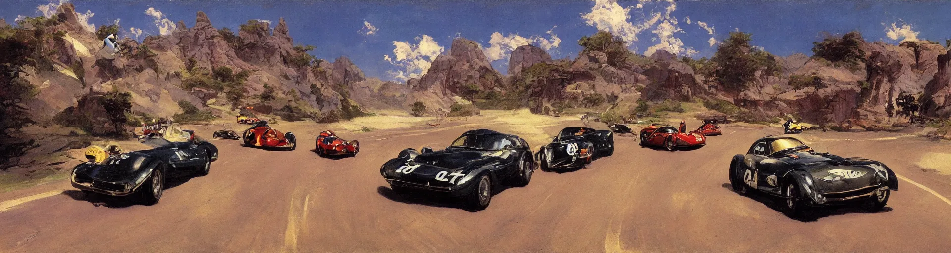 Prompt: a detailed road with racing cars by frank frazetta