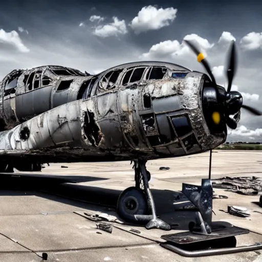 Prompt: A destroyed B-29 Superfortress at an airbase undergoing routine maintenance, wasteland, sun overhead, Second World War, hyper realistic, super detailed, 4k, HDR, sharp focus, shading, stunning visuals