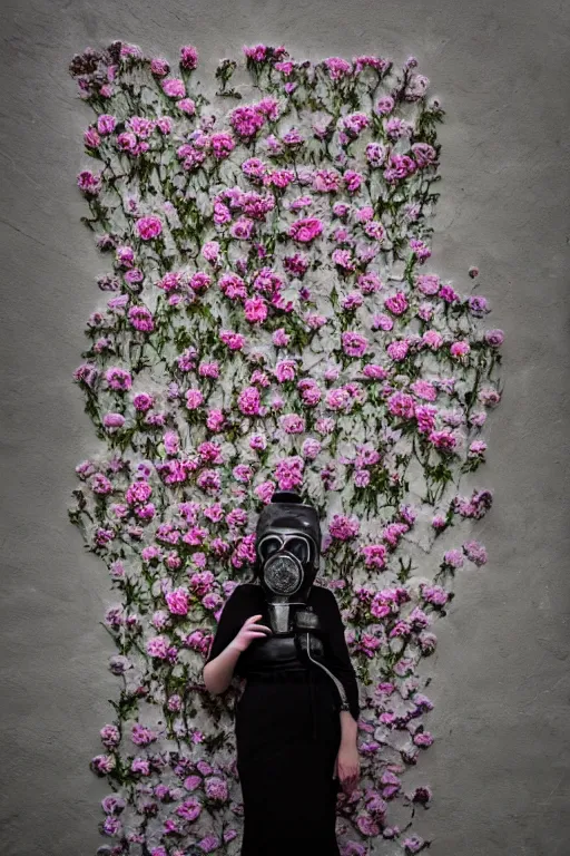 Image similar to a surreal portrait of a woman wearing gas mask melting into a wall of flowers in the style of brooke didonato, editorial fashion photography from vogue magazine, full shot, nikon d 8 1 0, ƒ / 2. 5, focal length : 8 5. 0 mm, exposure time : 1 / 8 0 0, iso : 2 0 0