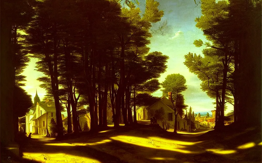 Image similar to in the style of gerald brom, caravaggio, thomas cole, beautiful small town, houses and buildings, 1 8 0 0 s, cobblestone roads, warm light, mid day, trees, forest in the distance