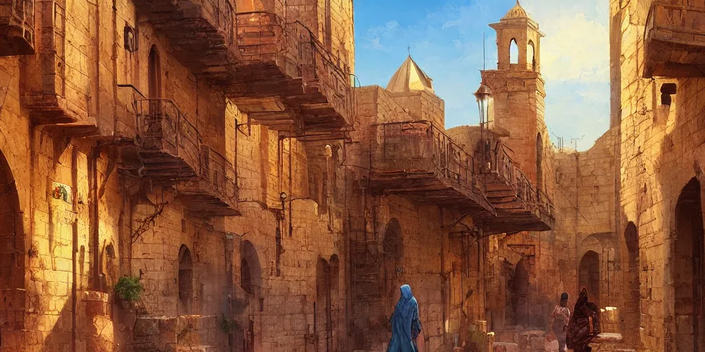 Prompt: mardin old town, oil painting by jordan grimmer and marc simonetti