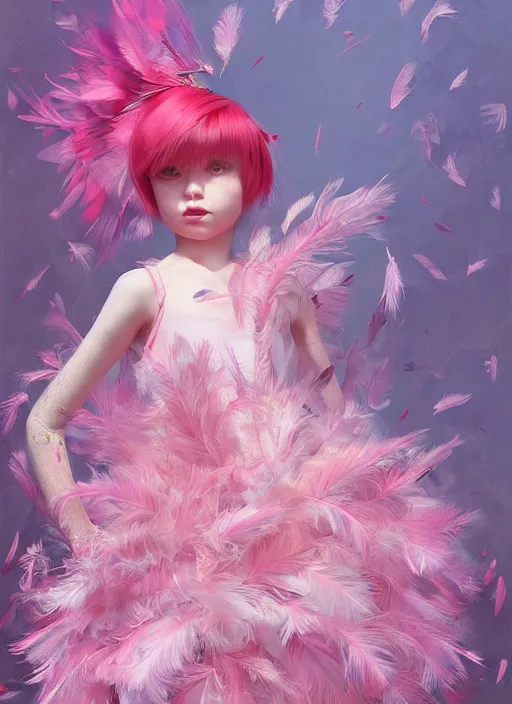 Prompt: beautiful little girl with an pink eccentric haircut wearing an dress made of feathers dancing on stage, artwork made by ilya kuvshinov, inspired in donato giancola, hd, ultra realistic, reflection, flowers, light, realistic face, bird tattoo, trending on pixiv, 8 k, ray tracing, glorious