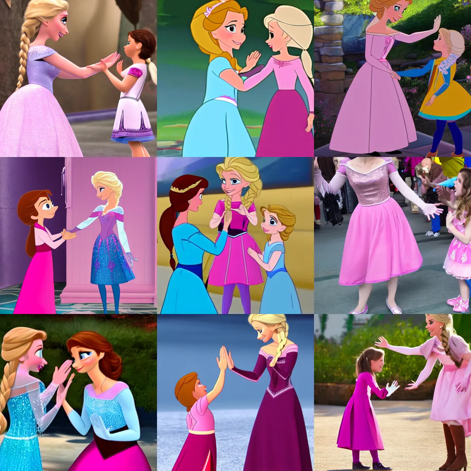 Prompt: elsa from fozen giving a high five to a little girl with brown hair and a pink dress, disney cartoon