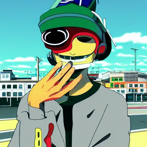 Image similar to the mayo man, angular sharp pointy humanoid blob of mayonnaise, angry eyes, shaded out eyes, 2 0 0 1 anime, flcl, jet set radio future, golden hour, japanese town, concentrated buildings, japanese neighborhood, construction site, cel - shaded, strong shadows, vivid hues, y 2 k aesthetic