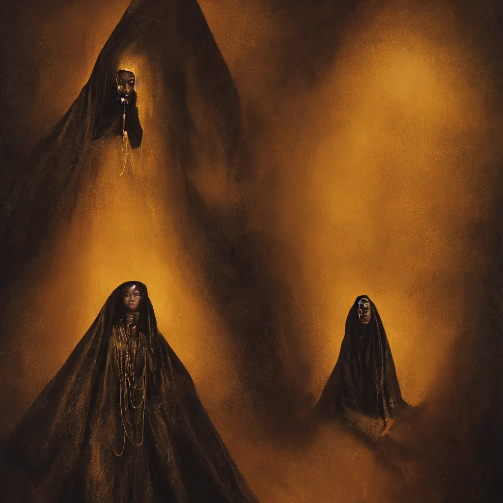 Image similar to a portrait of a young black woman wearing a long dark cloak, hood and shadows covering face, holding golden chains, oil painting, matte painting, black background, Volumetric Golden dappled dynamic lighting, Highly Detailed, Cinematic Lighting, Unreal Engine, 8k, HD, by Beksinski