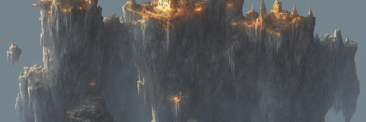 Prompt: an immense floating castle, in the midst of high mountains, hanging by chains, inside a gorge, below only cloud dark void, 8k resolution, by Tatsuyuki Tanaka, artstation trends