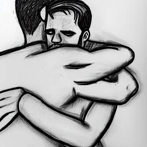 Prompt: a crude drawing of a man hugging his crying gigachad friend, crude crayon scribbles