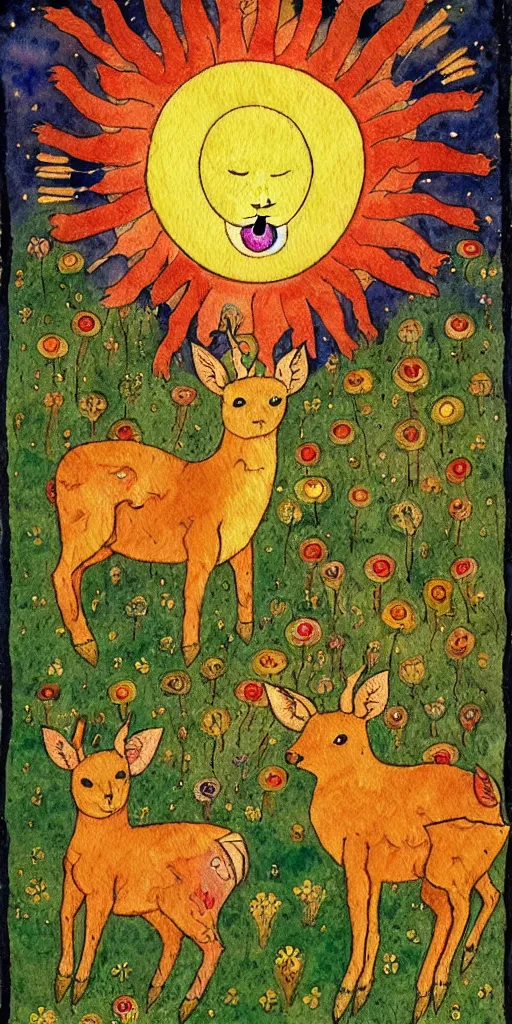 Image similar to tiny golden deer glowing eyes and sun ray mane and singing, children's book illustration, traditional folk art style, watercolor on paper, outsider art, David Palladini, Hisako Aoki, tarot card, Henry Darger, Louis Wain