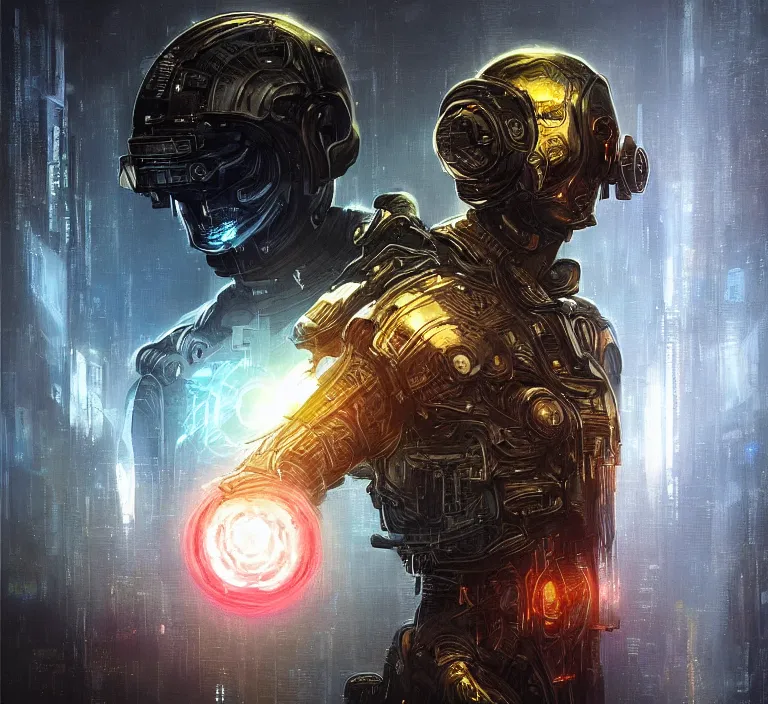 Image similar to portrait sci-fi art by Ruan Jia and Michal Kus, a glowing alien neon orb floating above the hand of a soldier, solar flares, magnetic waves, futuristic environment, detailed and intricate environment, hologram, cyberpunk, neon color bioluminescence, gold and black transparent reflective metal, dramatic lighting, cinematic, high technology, highly detailed portrait, digital painting, artstation, concept art, smooth, sharp focus, ilustration, Artstation HQ