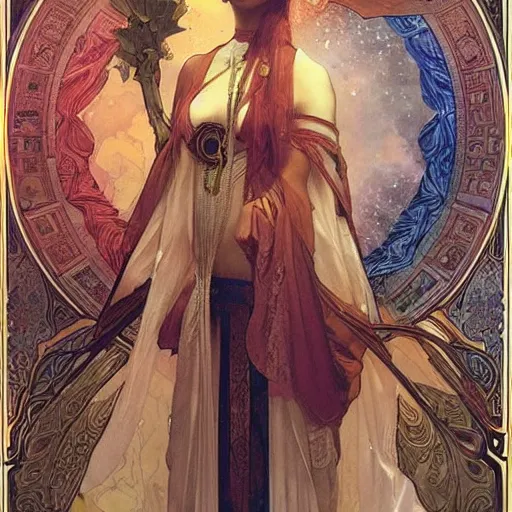 Image similar to seductive science fiction byzantine noble, by alphonse mucha and greg rutkowski