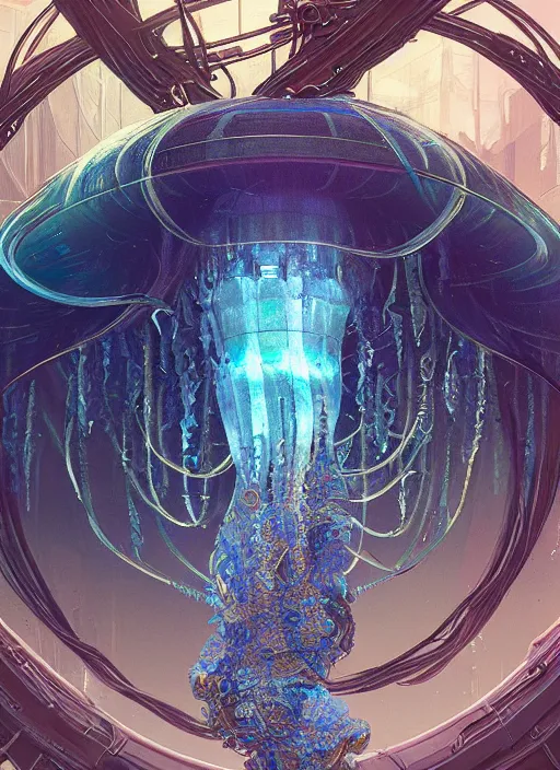 Image similar to Panorama hyper detailed painting of a cyberpunk jellyfish, blue tones, underwater, 8 mm, highly detailed, digital painting, artstation, concept art, smooth, sharp focus, illustration, art by artgerm and greg rutkowski and alphonse mucha