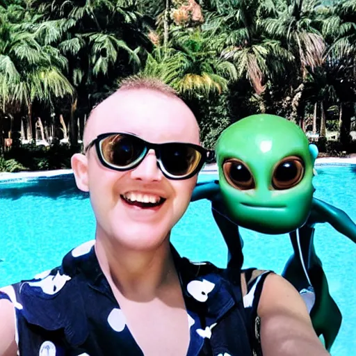 Image similar to selfie of a funny cute alien in an alien vacation resort