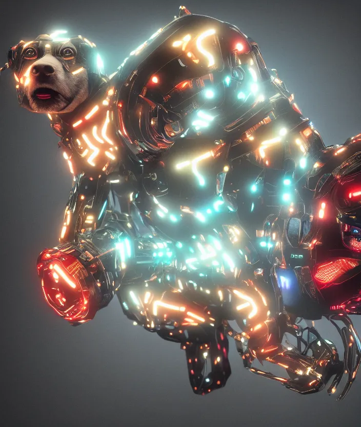 Image similar to japanese model cyborg dog with digital led skin, neon lighting, techno neon projector background, family photo, intricate details, ultra realistic, unreal engine 5, depth of field, bokeh, octane render