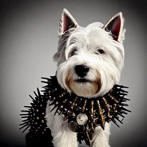 Image similar to “ west highland terrier clad in iron armor with spikes, with a gun glued to his head. ”