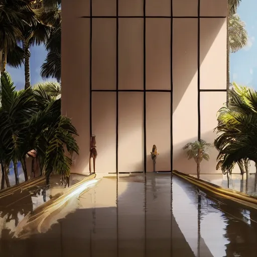 Image similar to indoor liminal space, golden light, greg rutkowski, marble, palm trees, pink door, minimalistic, hyperrealistic surrealism, award winning masterpiece with incredible details, epic stunning, infinity pool mirrors, a surreal vaporwave liminal space with mirrors, highly detailed, trending on artstation, artgerm and greg rutkowski and alphonse mucha, daily deviation