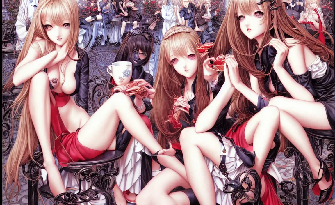 Prompt: beautiful French girls in a café with Satan. insanely and epically detailed supreme-quality color ink pen artwork, amazingly composed image, illustrated by Range Murata and Artgerm and Stanley Law.