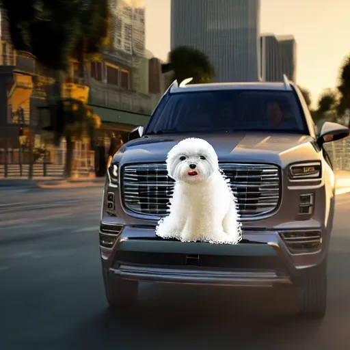 Image similar to a photorealistic image of bichon frise riding in the back on an Uber SUV through Hollywood at dusk. This 4K HD image is Trending on Artstation, featured on Behance, well-rendered, extra crisp, features intricate detail and the style of Unreal Engine.