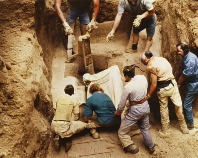 Image similar to vintage 3 5 mm color photo of a team of archaeologists opening up a sarcophagus in an egyptian tomb