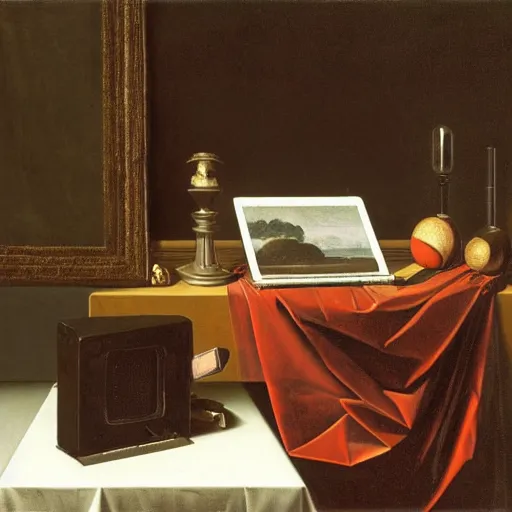 Prompt: cellphone on computer desk, classic oil painting, oil on canvas, still life, aged, francisco de zurbaran, caravaggio, clara peeters, gerrit dou