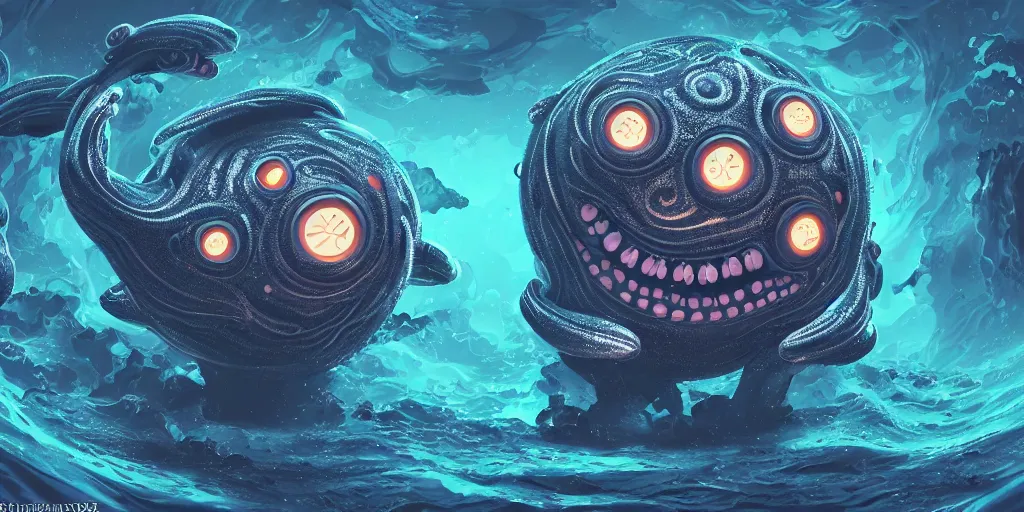 Image similar to of an intricate deep sea with strange cute friendly happy creatures with huge eyes, long tongue, round teeth and goofy funny face, appearing from the background, in the style of gehry and gaudi, macro lens, shallow depth of field, ultra detailed, digital painting, trending artstation, concept art, illustration, cinematic lighting, photorealism, epic, octane render