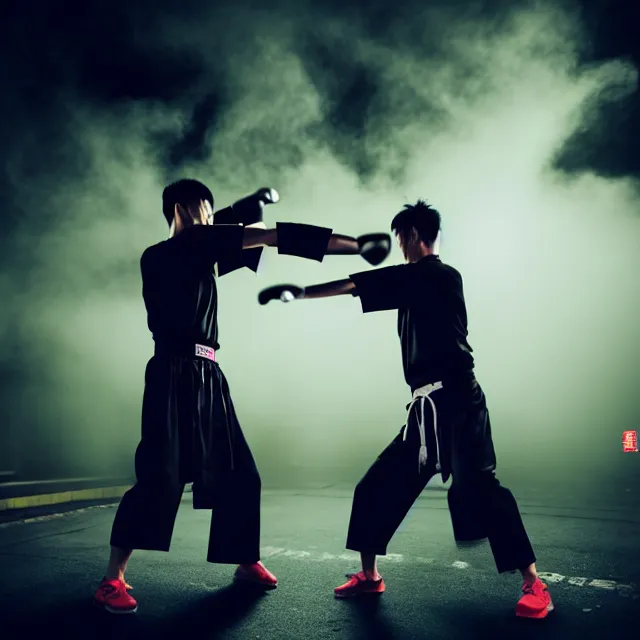 Prompt: wing chun punch streetfight, detailed wing chun form, defensive stance, shanghai, cinematic neon uplighting, fog mist smoke, photorealistic, night photography by tomino - sama