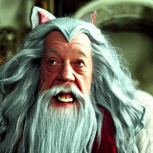 Prompt: portrait of laughing Gandalf dressed up as hello kitty, movie still from Lord of the Rings