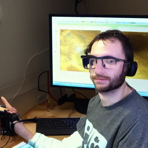 Prompt: Photo of God in his basement as a computer nerd with his computer that runs the simulation of the universe