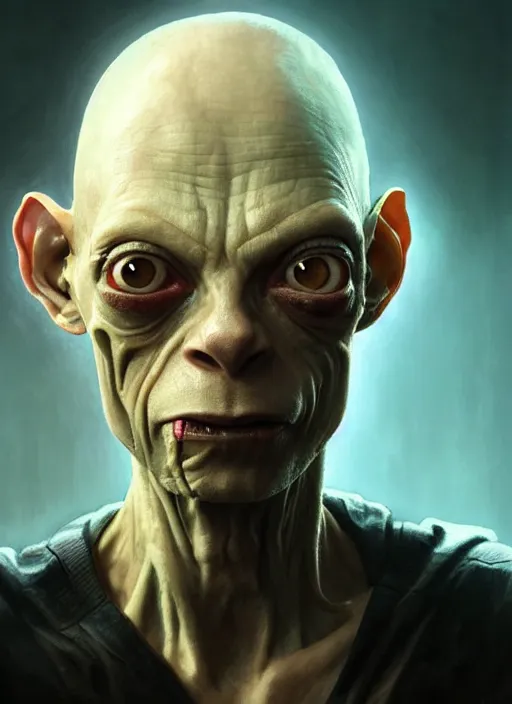 Image similar to portrait of gollum as a character in Cyberpunk 2077, looking at camera, intricate, elegant, sci-fi, extremely detailed, digital painting, artstation, concept art, smooth, sharp focus, illustration, ambient lighting, incredible art by artgerm and greg rutkowski and alphonse mucha and simon stalenhag