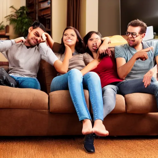 Prompt: three friends sitting on brown couch watching tv with themselves on screen ultra realistic