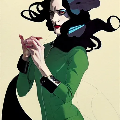 Prompt: Joshua Middleton comic art, wide shot, stunning elegant female Eva Green, spy, kabuki mask, beautiful evil sneer, symmetrical face, symmetrical eyes, leather clothing and boots, long straight green black hair, full body, Indigo occult pattern