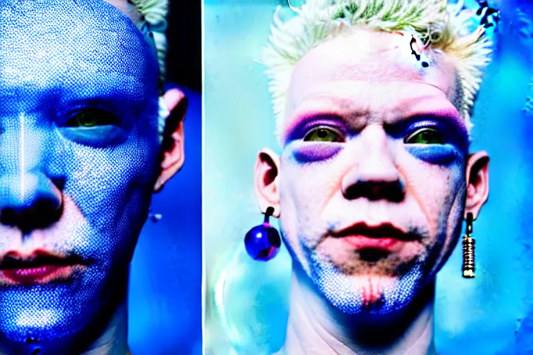 Prompt: a close - up risograph of cyberpunk albinism model men wearing lots of transparent and cellophane accessories, huge earrings and queer make up, blue hour, twilight, cool, portrait, crispy, full - shot, blue sky, kodachrome, photo by mayumi hosokura, style by moebius