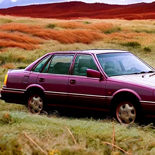 Prompt: maroon 1991 subaru legacy, driving on mountain of salmon skeletons, expressionist painting