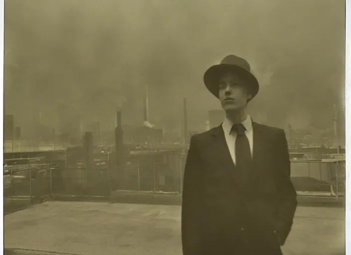 Image similar to mysterious man in suit and hat wrapped in cigarette smoke, in a big industrial city metropoli with a cloudy sky, polaroid artistic photo