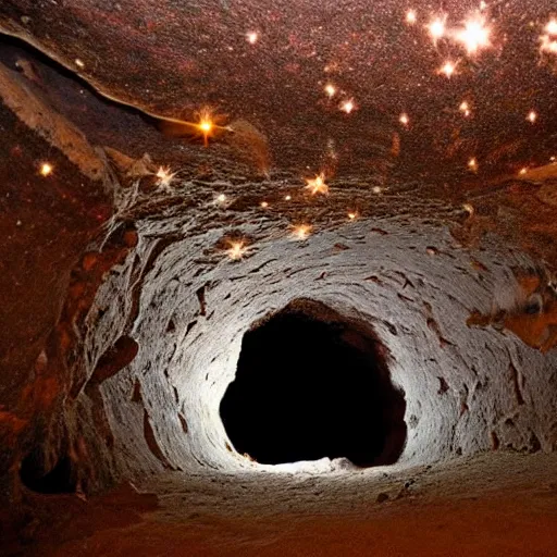 Prompt: a hole on ceiling cave, stars visible through hole