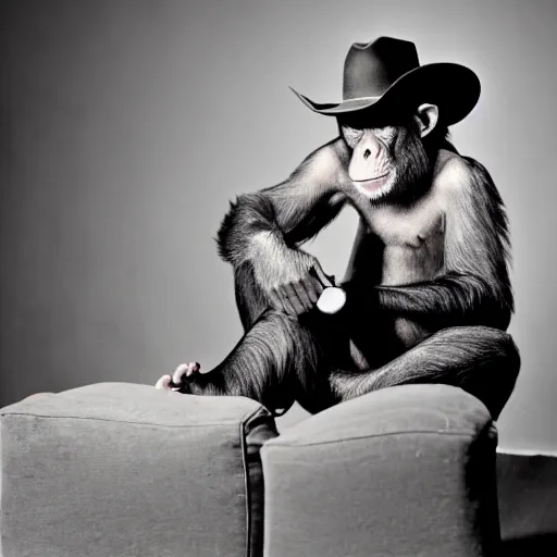 Image similar to photo of a chimpanzee wearing a cowboy hat sitting on le corbusier couch, 5 0 mm, beautiful photo