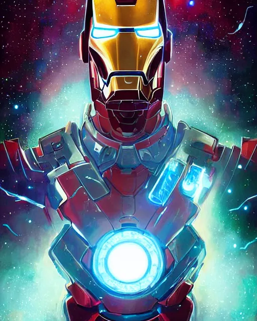 Image similar to a character portrait of handsome iron man with glow, surrounded with spiriling sparkling flash crystals and galaxies, by jesper ejsing, aleksi briclot, hyper light drifter, by ilya kuvshinov katsuhiro, jim burns, ed emshwiller, greg rutkowski, trending on artstation