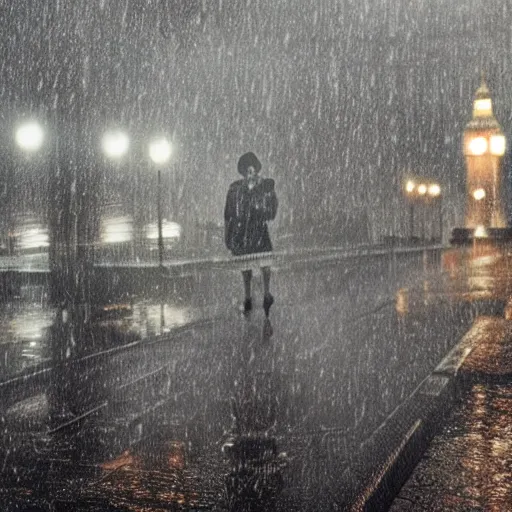 Prompt: margaret thatcher in rain rain rain drenched moist, hyper realistic cinematic color still volumetric lighting london background