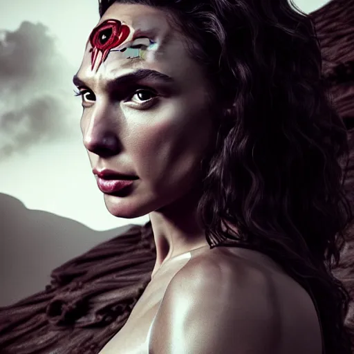 Prompt: gal gadot as a female vampire monster with translucent skin, visible muscles and veins and arteries and bones and spine and nerves, beautiful detailed intricate insanely detailed octane render, 8K artistic photography, photorealistic, chiaroscuro, by David Cronenberg, Raphael, Caravaggio