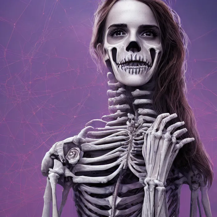 Prompt: portrait of emma watson as a skeleton. intricate abstract. intricate artwork. nightmare fuel. by Tooth Wu, wlop, beeple, dan mumford. octane render, trending on artstation, greg rutkowski very coherent symmetrical artwork. cinematic, hyper realism, high detail, octane render, 8k, iridescent accents