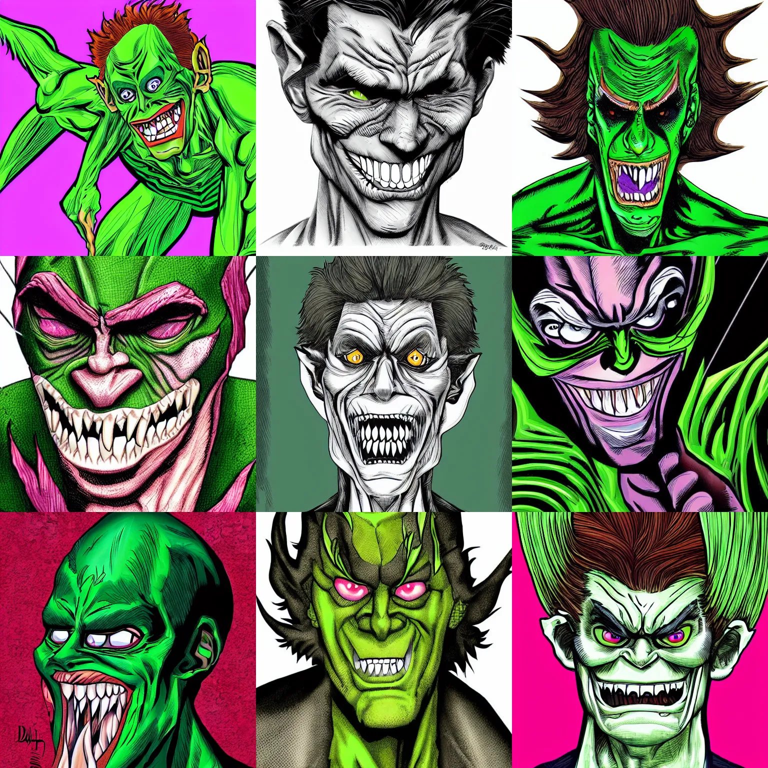 Prompt: a detailed digital art of willem dafoe poorly disguised as the green goblin in the style of junji ito