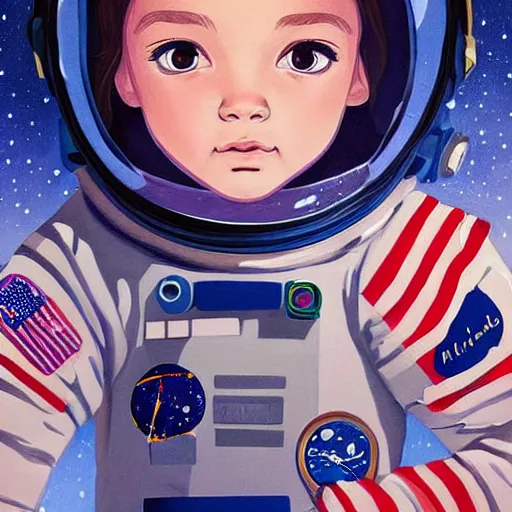 Image similar to a painting of a little girl with short wavy curly light brown hair and blue eyes, floating in space. she is an astronaut, wearing a space suit. beautiful detailed face line art by ilya kuvshinov