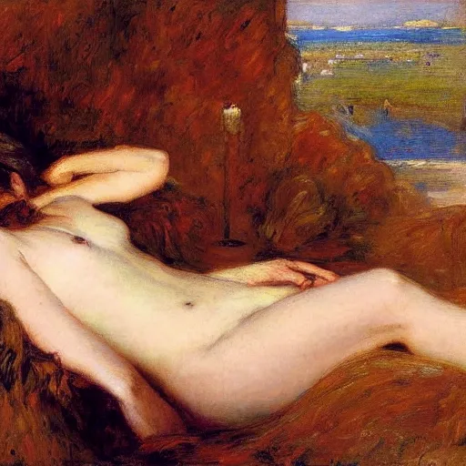 Prompt: a young person, half male and half female, gaston bussiere, reclining