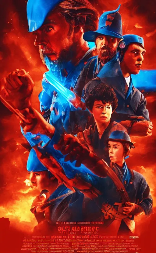 Image similar to a mind - blowing, epic movie poster, depicting a war between red and blue wizards, cinematic