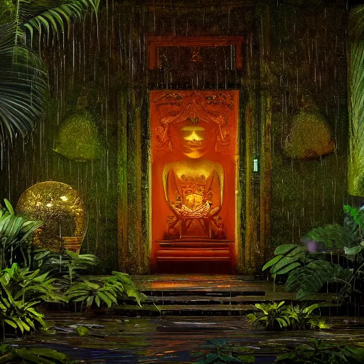 Prompt: A golden monkey temple deep in a rain soaked jungle, emerald leaves all around; light steeps through the petalled leaves and dappled shadows coast over a mossy floor. Ruby torches burning with blue flame adorn a front door by greg rutkowski trending on artstation ultra realistic 8k octane render