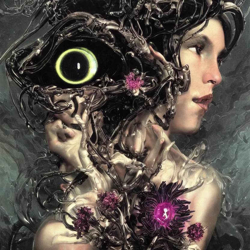 Prompt: baroque neoclassicist close - up sci - fi portrait of a fantasy young alien girl overgrown with flowes and big glowing eyes. iridescence. dark black ominous background, glowing atmosphere. highly detailed science fiction fantasy painting by norman rockwell, frank frazetta, and syd mead. rich colors, high contrast, gloomy atmosphere. trending on artstation and behance.