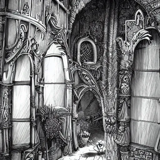 Prompt: monochrome illustration by David A. Trampier, fantasy, very detailed