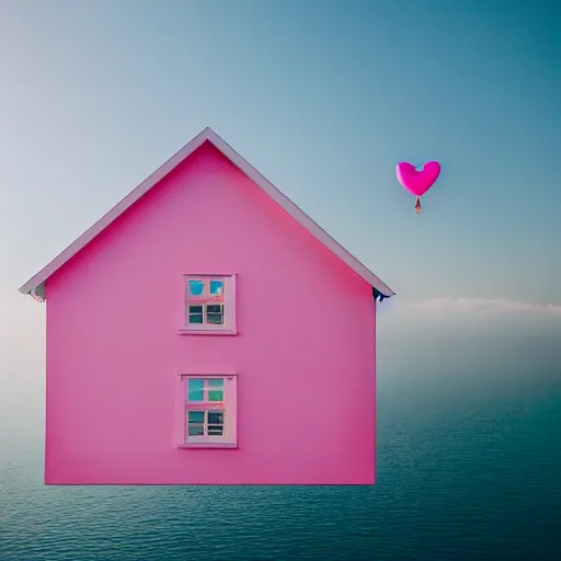 Image similar to a 5 0 mm lens photograph of a cute pink floating modern house, floating in the air between clouds, inspired by the movie up, held up from above by a heart - shaped ballon. mist, playful composition canon, nikon, award winning, photo of the year