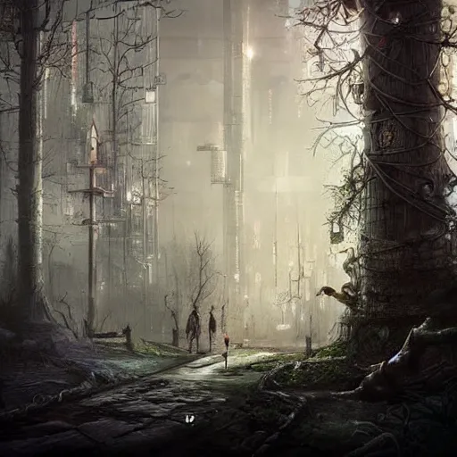 Image similar to A fairy tale forest in the style of cyberpunk in the style of dark fantasy art Trending on artstation DeviantArt Pinterest detailed realistic HD 8k High Resolution